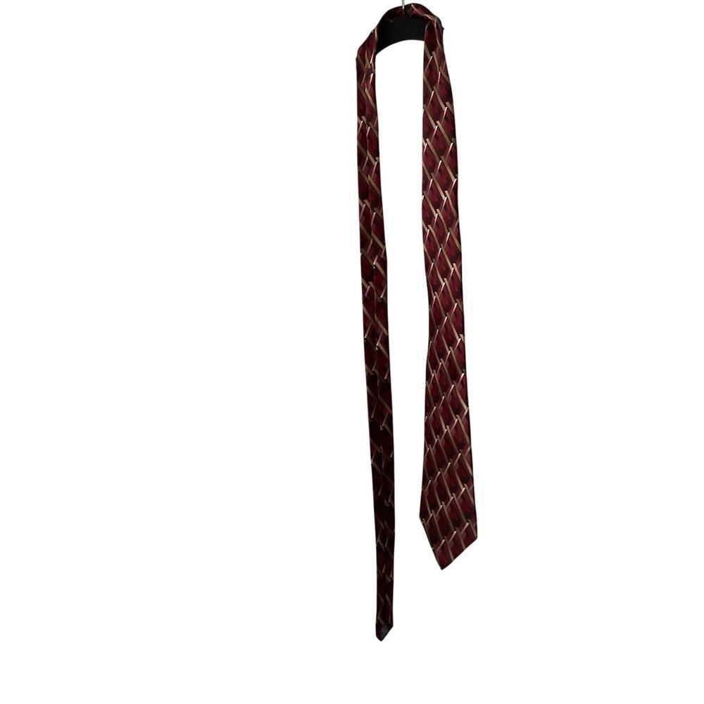 Stafford Men’s 100% Silk Necktie Burgundy Red Gold Geometric Handmade Tie